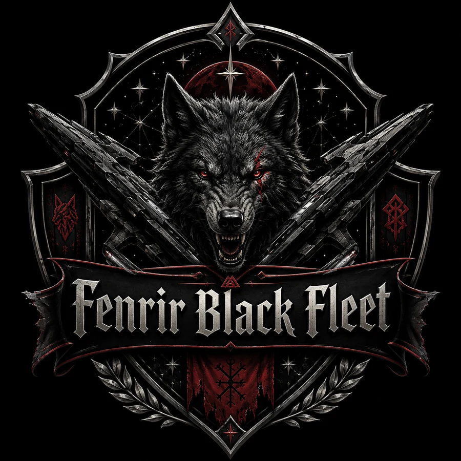 Fenrir Black Fleet crest showing a black wolf, crossed spacecraft and Nordic-inspired insignia